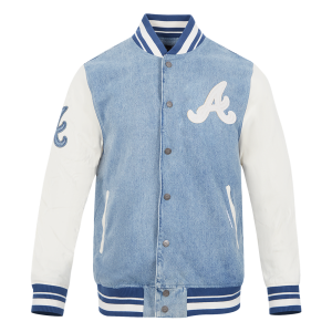 CHAMARRA ATLANTA BRAVES VARSITY BLUES MENS DENIM VARSITY JACKET DENIM LINEN en STOCK