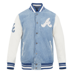 CHAMARRA ATLANTA BRAVES VARSITY BLUES MENS DENIM VARSITY JACKET DENIM LINEN en STOCK