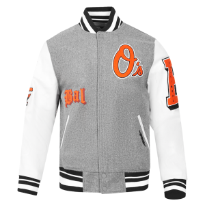CHAMARRA TIMORE ORIOLES CLASSIC OLD ENGLISH RIB WOOL VARSITY JACKE HEATHER GREY WHITE BLACK en STOCK