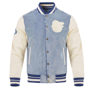 CHAMARRA BALTIMORE ORIOLES VARSITY BLUES MENS DENIM VARSITY JACKET DENIM LINEN en STOCK