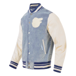 CHAMARRA BALTIMORE ORIOLES VARSITY BLUES MENS DENIM VARSITY JACKET DENIM LINEN en STOCK