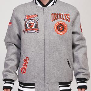 CHAMARRA IMORE ORIOLES CREST EMBLEM RIB WOOL VARSITY JACKET HEATHER GRAY BLACK en STOCK