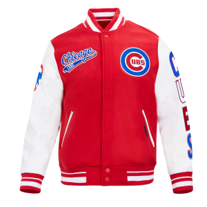 CHAMARRA CHICAGO CUBS SCRIPT TAIL MENS RIB WOOL VARSITY RED WHITE en STOCK