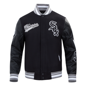 CHAMARRA CHICAGO WHITE SOX SCRIPT TAIL MENS RIB WOOL VARSITY BLACK GRAY en STOCK