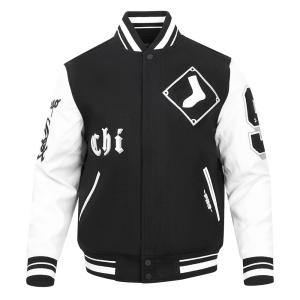 CHAMARRA AGO WHITE SOX OLD ENGLISH WOOL VARSITY JACKET BLACK WHITE en STOCK