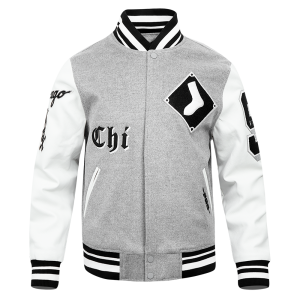 CHAMARRA AGO WHITE SOX OLD ENGLISH RIB WOOL VARSITY JACKET HEATHER GREY WHITE BLACK en STOCK