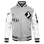 CHAMARRA AGO WHITE SOX OLD ENGLISH RIB WOOL VARSITY JACKET HEATHER GREY WHITE BLACK en STOCK