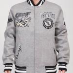 CHAMARRA AGO WHITE SOX CREST EMBLEM RIB WOOL VARSITY JACKET HEATHER GRAY BLACK en STOCK