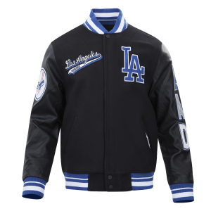 CHAMARRA LOS ANGELES DODGERS SCRIPT TAIL MENS RIB WOOL VARSITY BLACK DODGER BLUE en STOCK