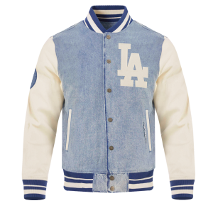 CHAMARRA ANGELES DODGERS VARSITY BLUES DENIM VARSTIY JACKET DENIM LINEN en STOCK