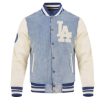 CHAMARRA ANGELES DODGERS VARSITY BLUES DENIM VARSTIY JACKET DENIM LINEN en STOCK