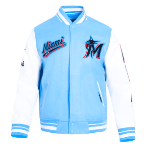 CHAMARRA MIAMI MARLINS SCRIPT TAIL MENS RIB WOOL VARSITY UNIVERSITY BLUE WHITE en STOCK