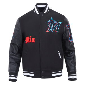 CHAMARRA I MARLINS OLD ENGLISH RIB WOOL VARSITY JACKET BLACK en STOCK
