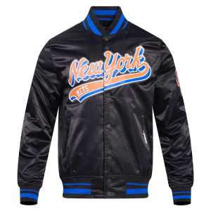 CHAMARRA NEW YORK METS SCRIPT TAIL MENS SATIN JACKET BLACK ROYAL BLUE BLACK en STOCK