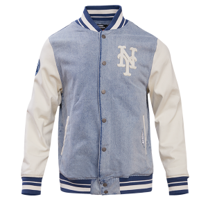 CHAMARRA NEW YORK METS VARSITY BLUES MENS DENIM VARSITY JACKET DENIM LINEN en STOCK