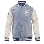 CHAMARRA NEW YORK METS VARSITY BLUES MENS DENIM VARSITY JACKET DENIM LINEN en STOCK
