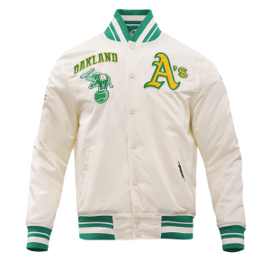 CHAMARRA AND ATHLETICS RETRO CLASSIC RIB SATIN JACKET EGGSHELL KELLY GREEN en STOCK