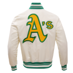 CHAMARRA AND ATHLETICS RETRO CLASSIC RIB SATIN JACKET EGGSHELL KELLY GREEN en STOCK