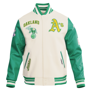 CHAMARRA AND ATHLETICS RETRO CLASSIC RIB WOOL VARSITY JACKET EGGSHELL KELLY GREEN en STOCK