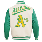 CHAMARRA AND ATHLETICS RETRO CLASSIC RIB WOOL VARSITY JACKET EGGSHELL KELLY GREEN en STOCK