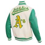 CHAMARRA AND ATHLETICS RETRO CLASSIC RIB WOOL VARSITY JACKET EGGSHELL KELLY GREEN en STOCK