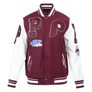 CHAMARRA ADELPHIA PHILLIES RETRO MASH UP RIB WOOL VARSITY JACKET WINE WHITE en STOCK