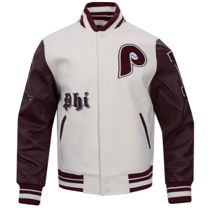 CHAMARRA ADELPHIA PHILLIES RETRO OLD ENGLISH RIB WOOL VARSITY JAC EGGSHELL WINE en STOCK