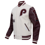 CHAMARRA ADELPHIA PHILLIES RETRO OLD ENGLISH RIB WOOL VARSITY JAC EGGSHELL WINE en STOCK