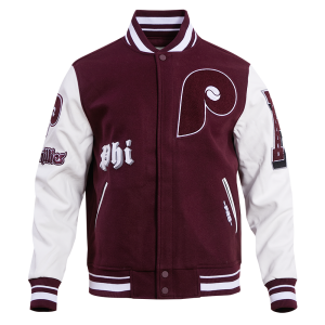 CHAMARRA ADELPHIA PHILLIES OLD ENGLISH WOOL VARSITY JACKET WINE WHITE en STOCK