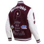 CHAMARRA ADELPHIA PHILLIES OLD ENGLISH WOOL VARSITY JACKET WINE WHITE en STOCK