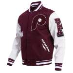 CHAMARRA ADELPHIA PHILLIES OLD ENGLISH WOOL VARSITY JACKET WINE WHITE en STOCK