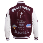 CHAMARRA ADELPHIA PHILLIES OLD ENGLISH WOOL VARSITY JACKET WINE WHITE en STOCK